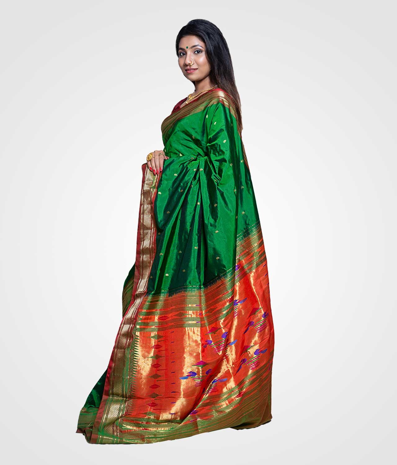 Dark Green Original Paithani Silk Hand Woven Saree