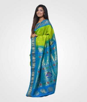 Green and Sky Bule Colour Orginal Silk Hand Woven Saree