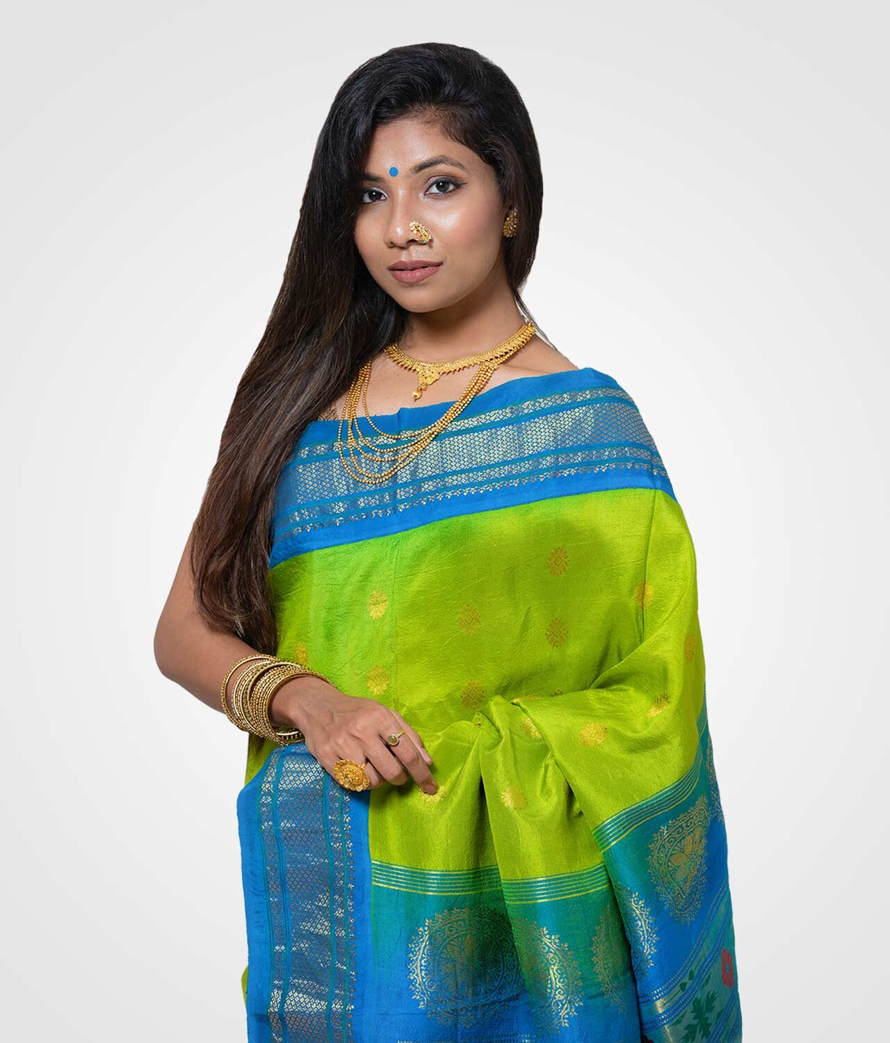 Green and Sky Bule Colour Orginal Silk Hand Woven Saree