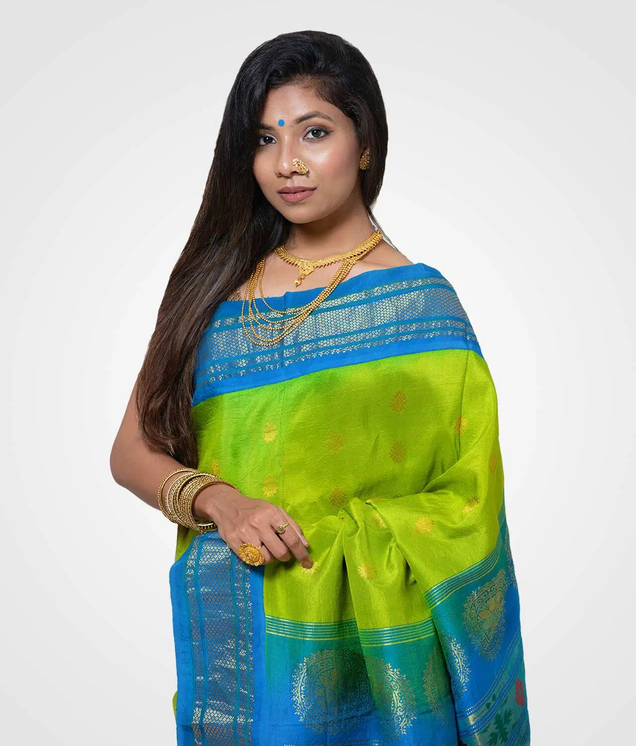 Green and Sky Bule Colour Orginal Silk Hand Woven Saree