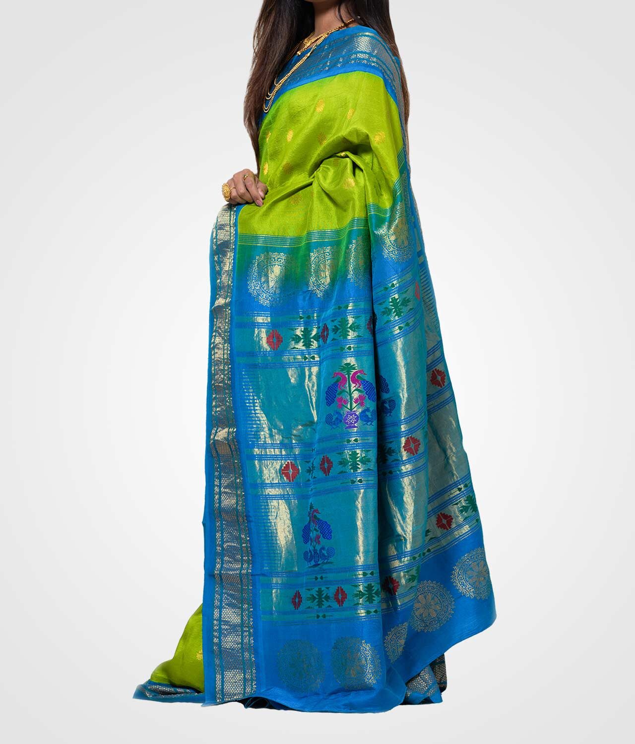 Green and Sky Bule Colour Orginal Silk Hand Woven Saree