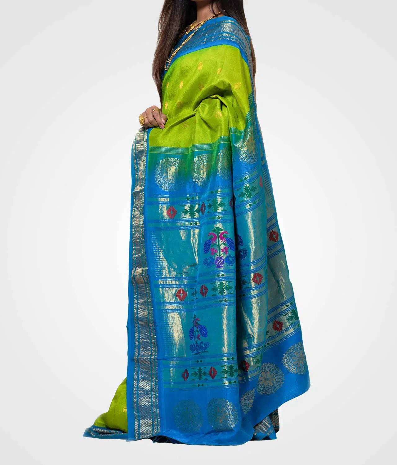 Green and Sky Bule Colour Orginal Silk Hand Woven Saree