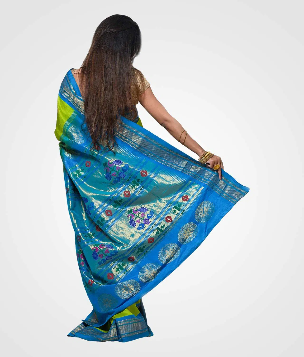 Green and Sky Bule Colour Orginal Silk Hand Woven Saree