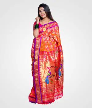 Orange Zari Original Silk Hand Woven Saree
