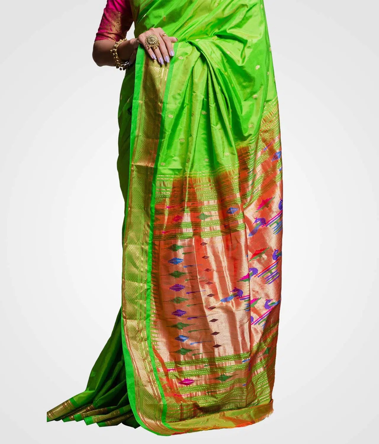 Parrot Green Original Silk Hand Woven Saree