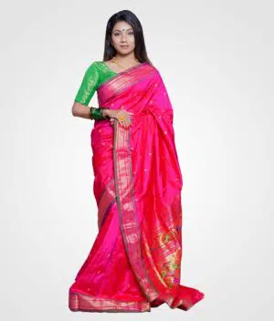 Pink Double Pallu Silk Paithani Hand Woven Saree
