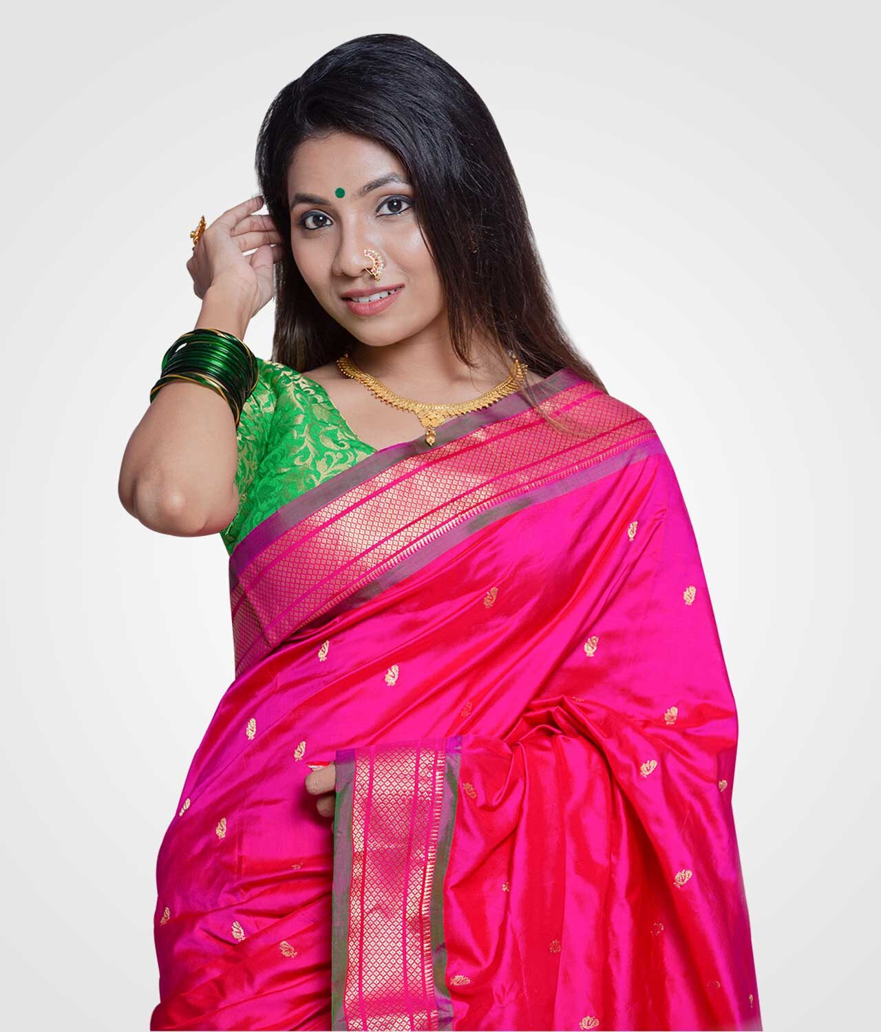 Pink Double Pallu Silk Paithani Hand Woven Saree