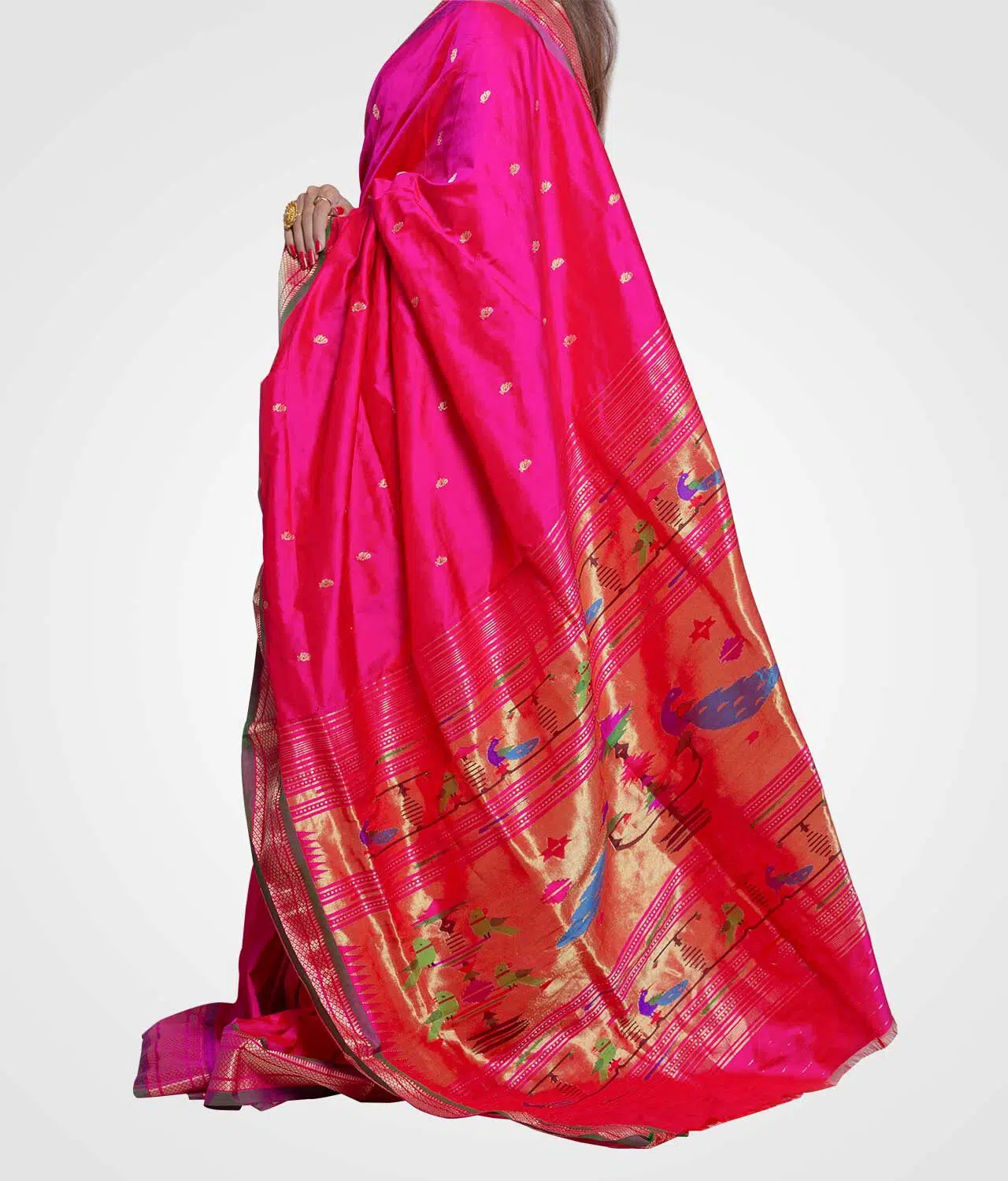Pink Double Pallu Silk Paithani Hand Woven Saree