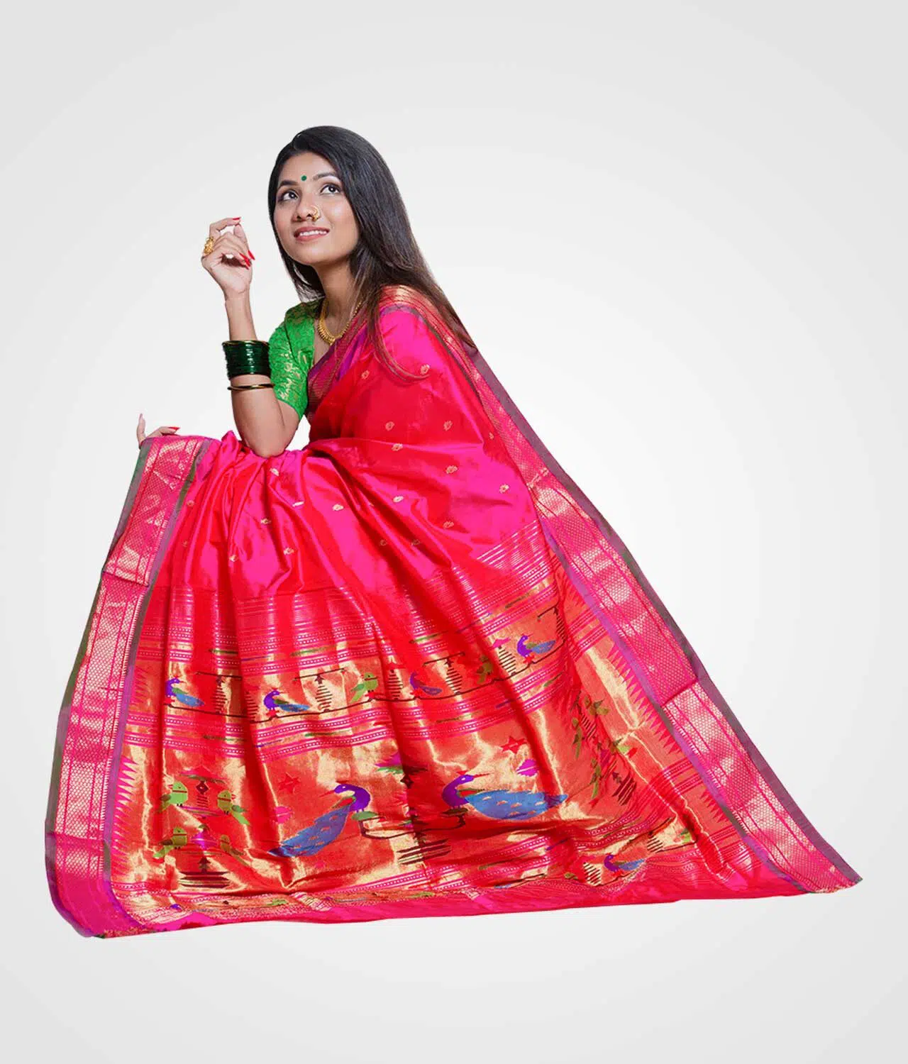 Pink Double Pallu Silk Paithani Hand Woven Saree