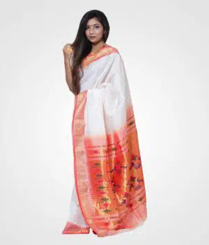 Pure White Original Silk Hand Woven Paithani Saree