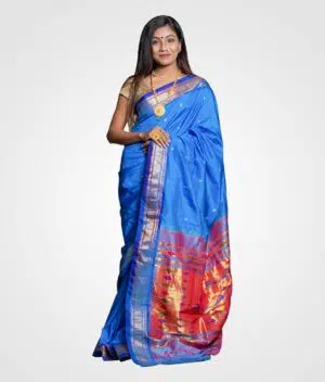 Sky Blue Orginal Silk Zari Pallu Paithani Hand Woven Saree