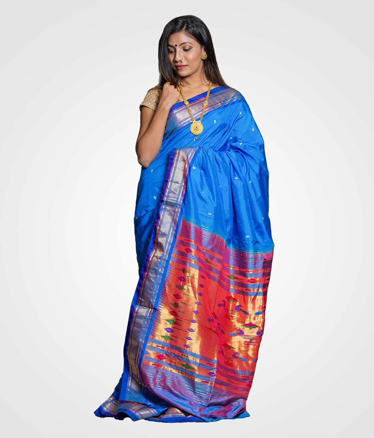 Sky Blue Orginal Silk Zari Pallu Paithani Hand Woven Saree